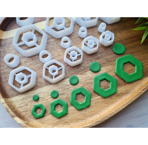 "Earring, style 6, hexagon, 2 parts", set of 9 cutters, one clay cutter or FULL set