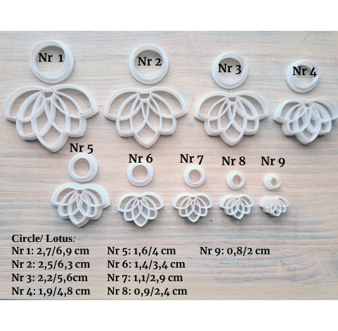 "Earring, style 8, lotus, 2 parts", set of 9 cutters, one clay cutter or FULL set
