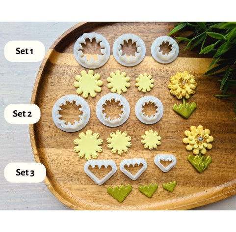 "Earring, style 55, stylized flower, 3 parts", set of 3 cutters, one clay cutter or FULL set