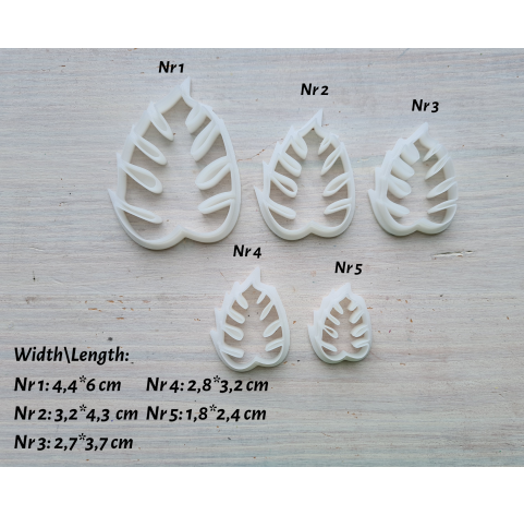 "Monstera leaf, style 1", set of 5 cutters, one clay cutter or FULL set