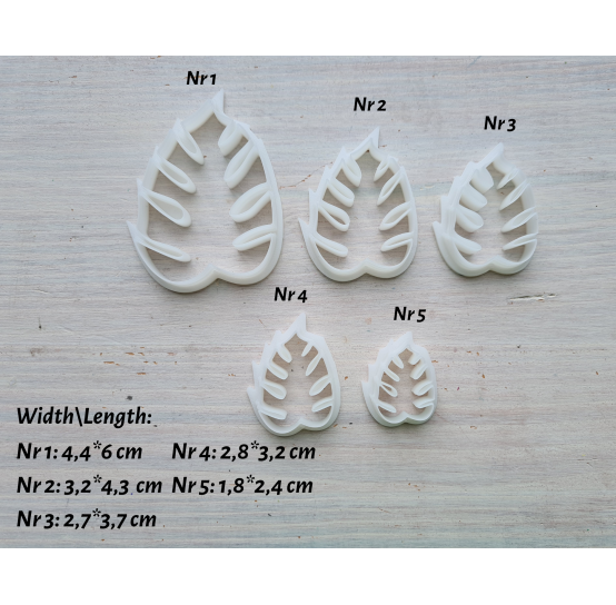 "Monstera leaf, style 1", set of 5 cutters, one clay cutter or FULL set