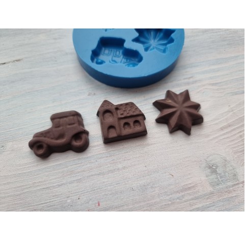 Silicone mold, Christmas chocolate set 11, 3 pcs., ~ 2.5-3.2 cm (house, star, car)
