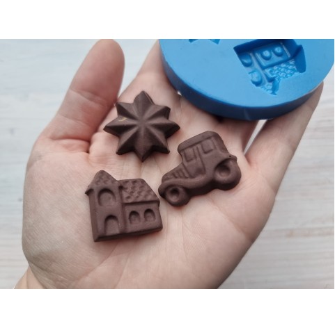 Silicone mold, Christmas chocolate set 11, 3 pcs., ~ 2.5-3.2 cm (house, star, car)