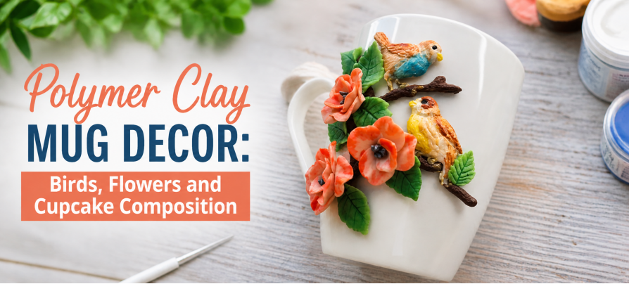 Polymer Clay Mug Decor: Birds, Flowers and Cupcake Composition