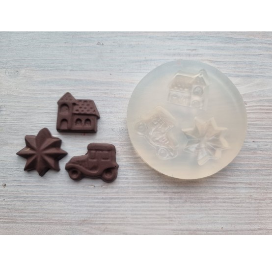 Silicone mold, Christmas chocolate set 11, 3 pcs., ~ 2.5-3.2 cm (house,  star, car)