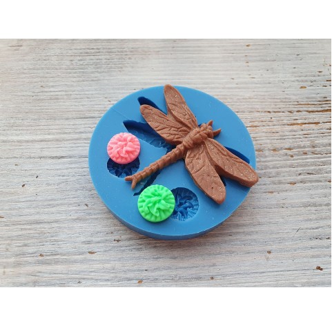 Silicone mold, dog dragonfly and 2 flowers, ~ 5.8*4.6 cm, ~ Ø 1.4 cm