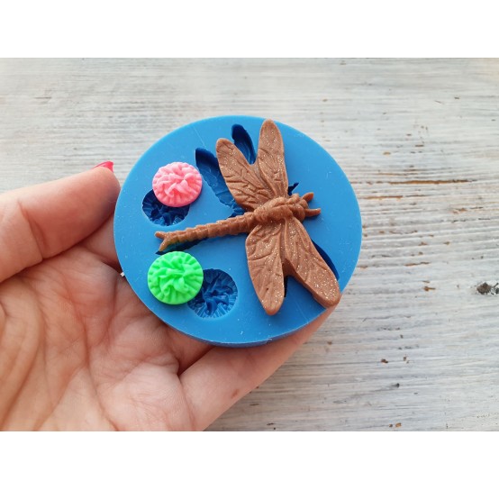 Silicone mold, Dragonfly and 2 flowers, ~ 5.8 * 4.6 cm, ~ Ø 1.4 cm