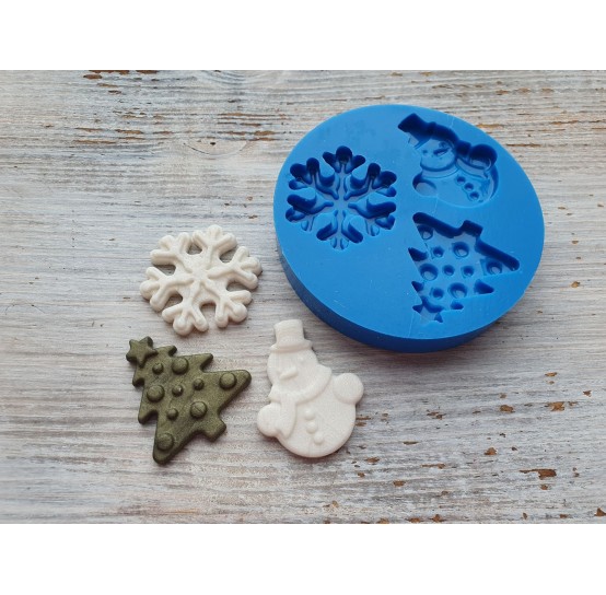 Silicone mold, Christmas set 2, 3 pcs., spruce ~ 2.9*3.2 cm, snowflake ~ 3.2*3.1 cm, snowman ~ 2.6*3.3 cm