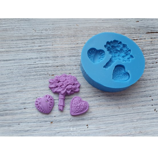 Silicone mold, Hearts, 2 pcs. and bouquet, ~ 1.4-2.8 cm
