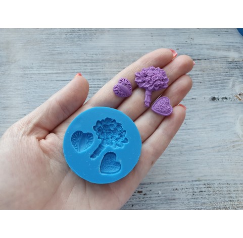 Silicone mold, Hearts, 2 pcs. and bouquet, ~ 1.4-2.8 cm
