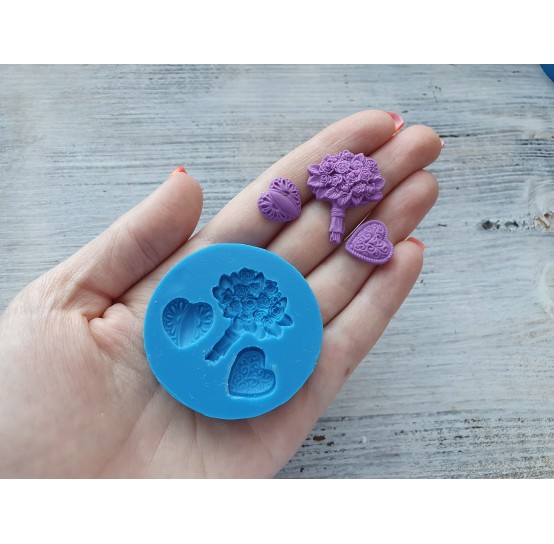 Silicone mold, Hearts, 2 pcs. and bouquet, ~ 1.4-2.8 cm