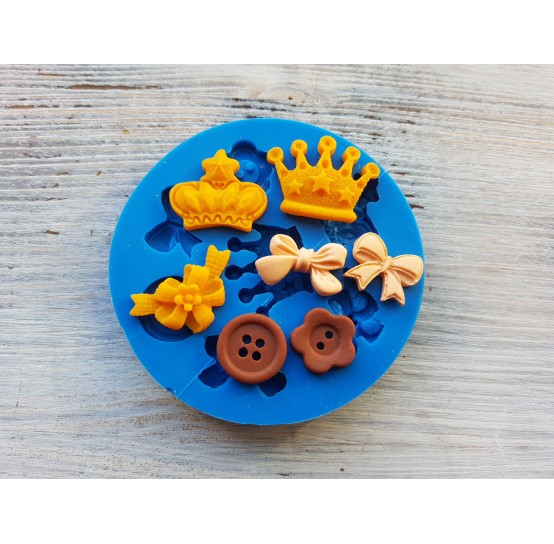 Silicone mold, set of 7 types (crown, buttons, bows), ~ 1.6-3 cm