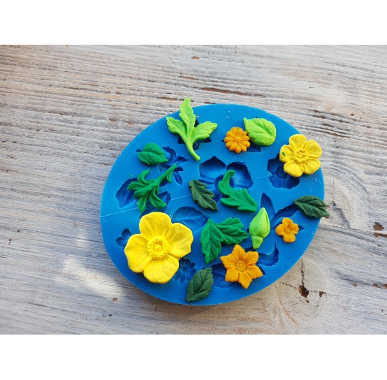 Silicone mold, flowers and leaves, 15 types (poppies, narcissus, rose bud, lilac), ~ 0.8-2.5 cm