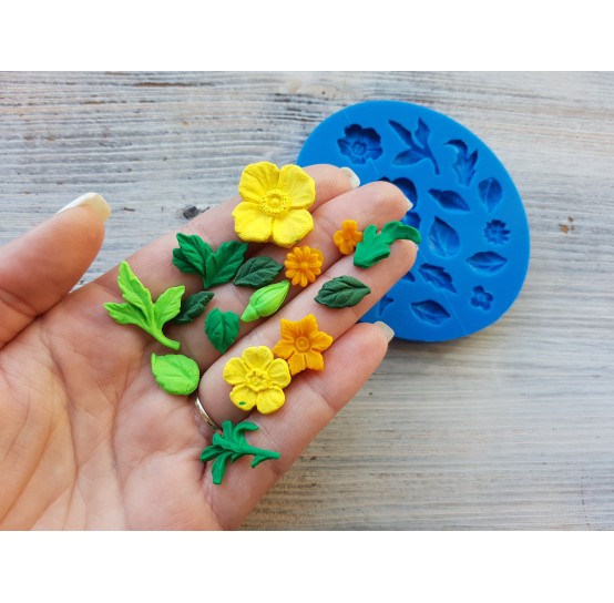 Silicone mold, Set of leaves and flowers, 15 pcs., (poppies, narcissus, rose bud, lilac), ~ 0.8-2.5 cm