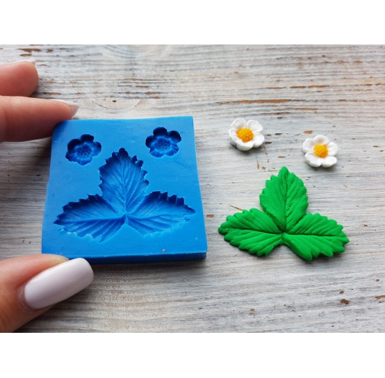 Silicone mold, strawberry leaf and two flowers, ~ 4.2*3.2 cm, ~ Ø 1.2 cm
