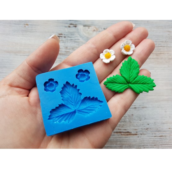 Silicone mold, Strawberry leaf and two flowers, ~ 4.2*3.2 cm, ~ Ø 1.2 cm