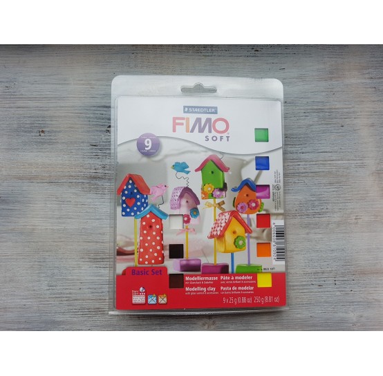 FIMO Soft oven-bake polymer clay, starter kit of 9 colours with varnish and tool, 250 gr